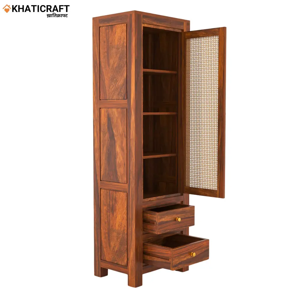 Hina Solid Wood Sheesham Bookshelf with Rattan-1.webp