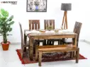 Rami Hana 6 Seater Solid Wood Sheesham Dining Set with Bench